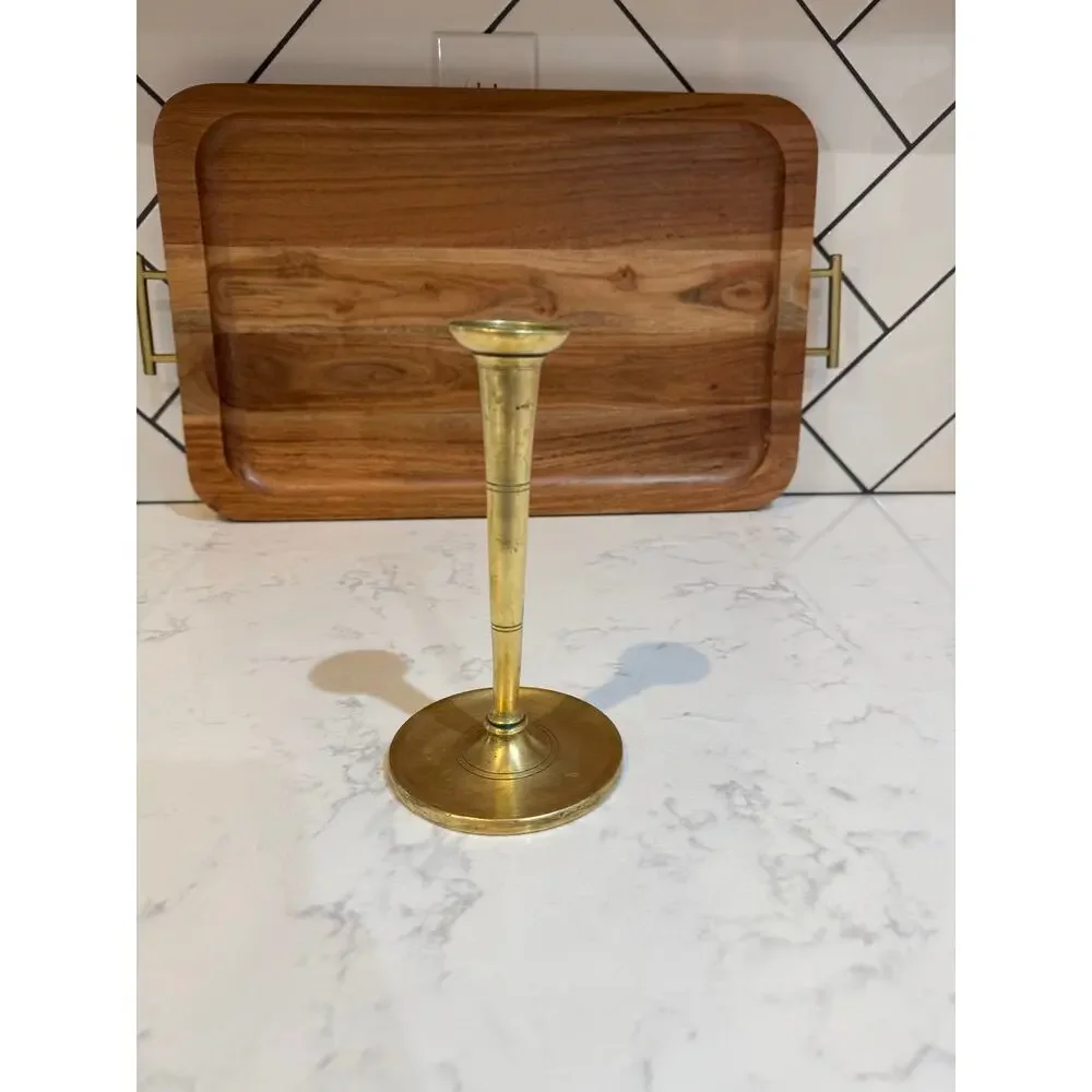 antique vintage brass candlestick holder classic turned, tapered stem wide base